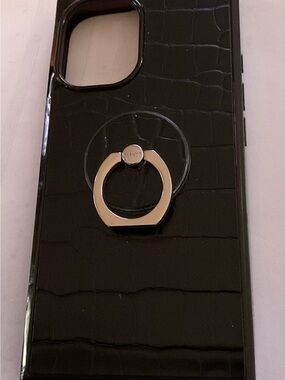 Flaunt Black Croc-Texture Phone Case for IPhone 16 with Silver Ring Holder
